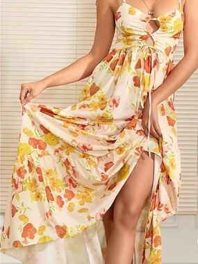 Floral Tiered Maxi Dress in Cream and Orange